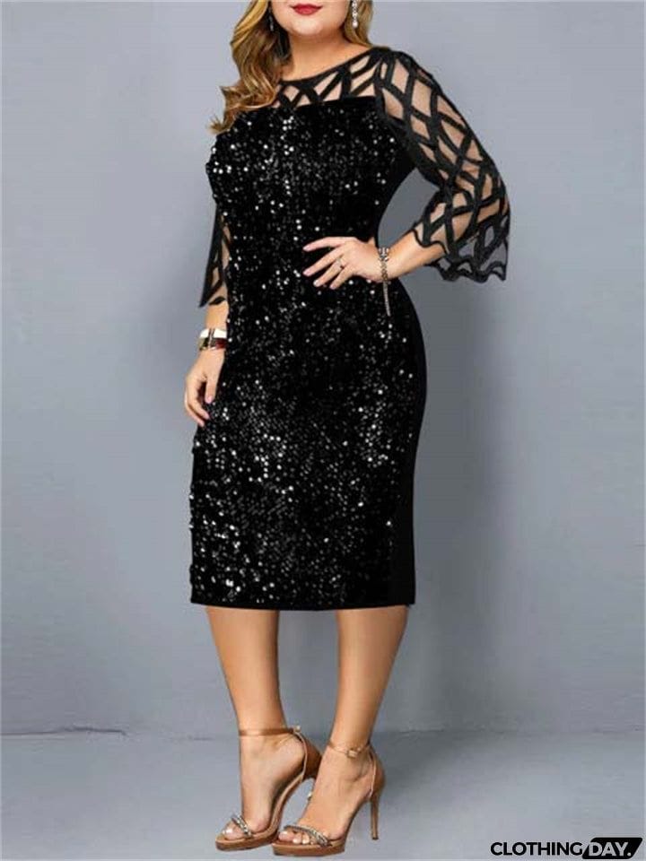 New Elegant Sequined Design Plus Cocktail Dresses With Sleeves