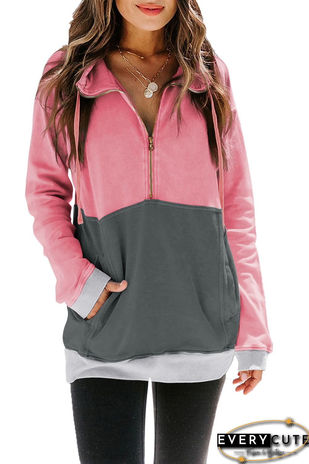 Pink Zipped Colorblock Sweatshirt with Pockets