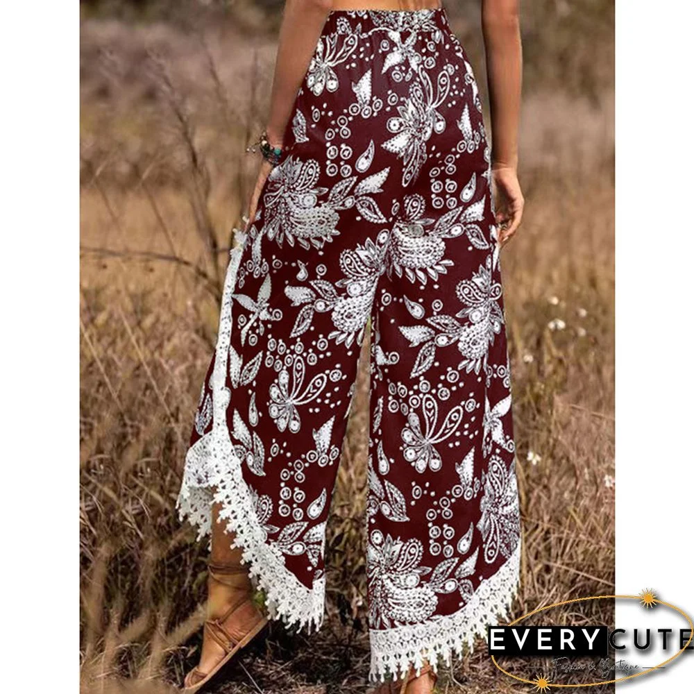 Burgundy Floral Print Spliced Casual Pants