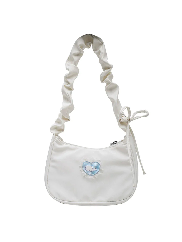 Women Canvas Pleated Armpit Bag Heart Pattern Casual Dumpling Bag (White)
