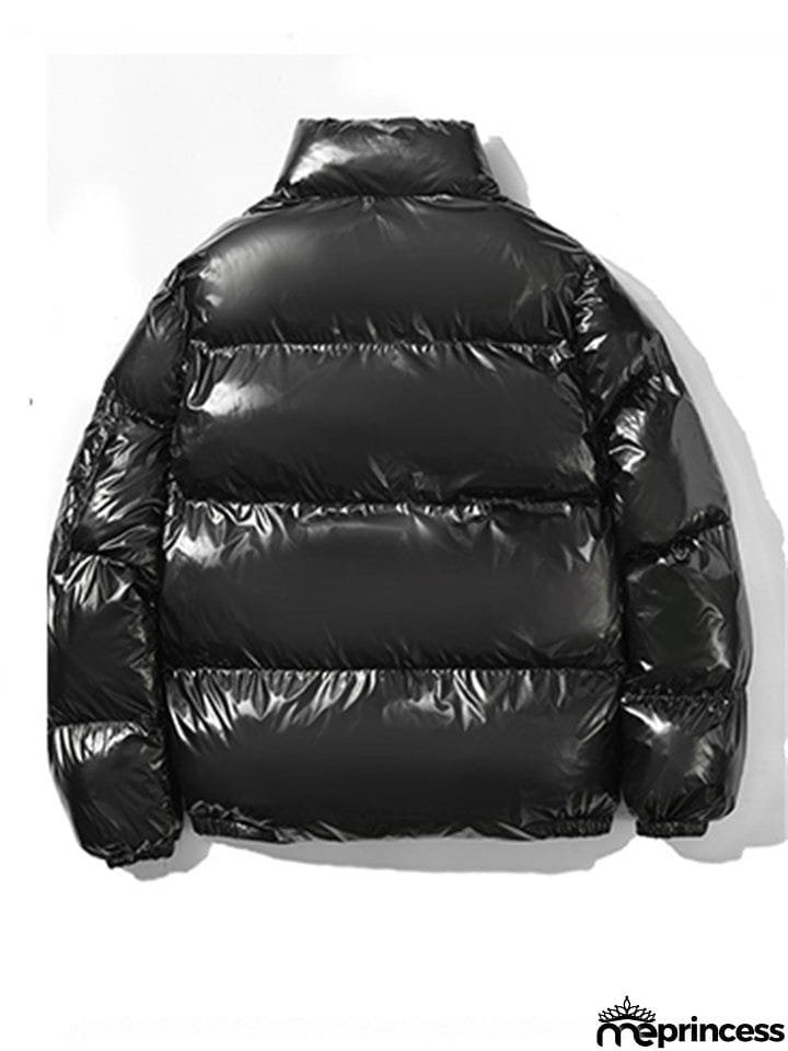 Trendy Casual Solid Zipper Stand Collar Loose Shiny Reflective Coats