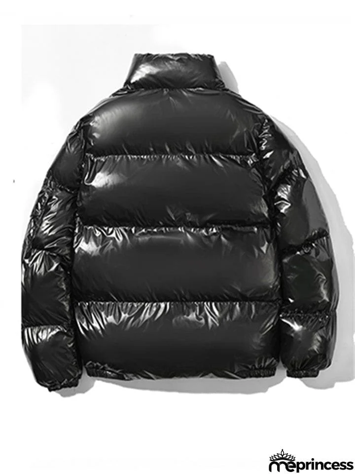 Trendy Casual Solid Zipper Stand Collar Loose Shiny Reflective Coats