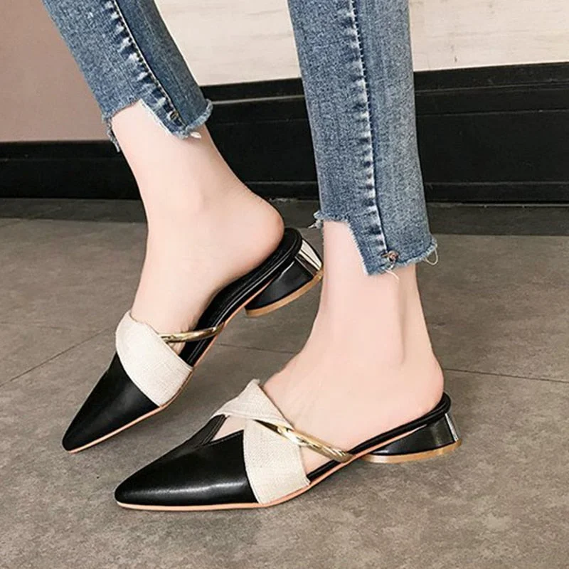 2021 Women Mules Sexy Pointed-Toe Elegant Low Heel Ladies Slippers Slip on Leisure Design Ladies Office Shoes Beige Pumps Female