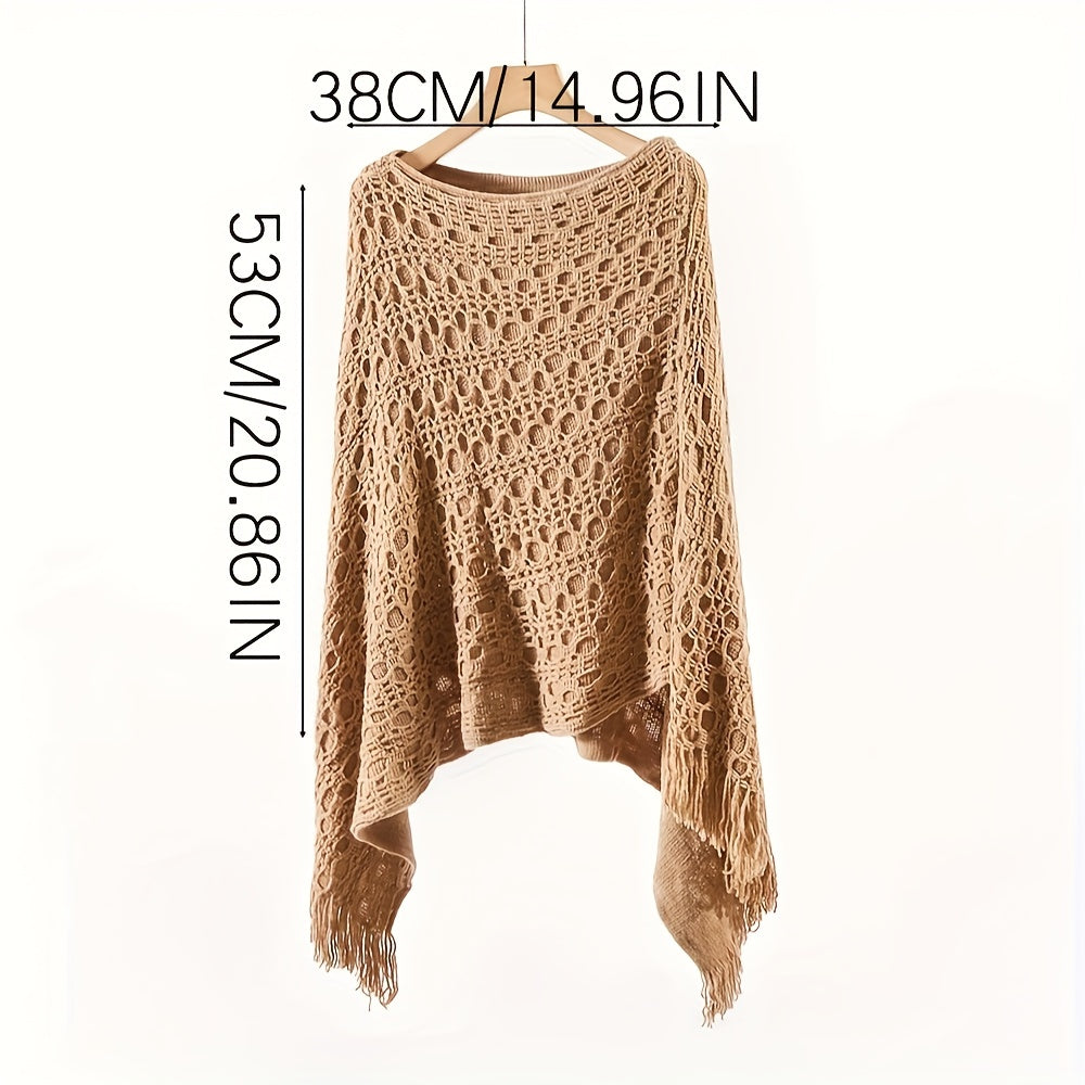 Knit Hollow Out Pullover Poncho Solid Color Tassel Double-layer Outside Wrap Shawl Stylish