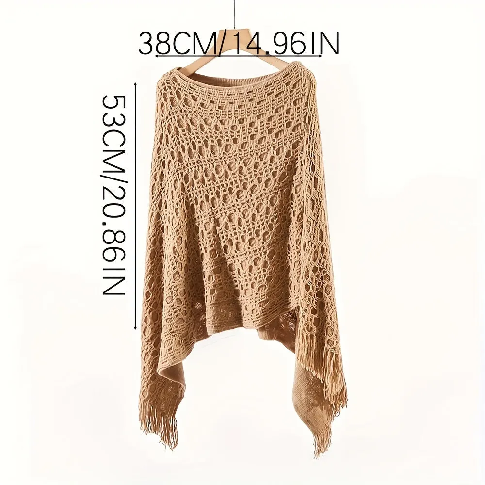 Knit Hollow Out Pullover Poncho Solid Color Tassel Double-layer Outside Wrap Shawl Stylish