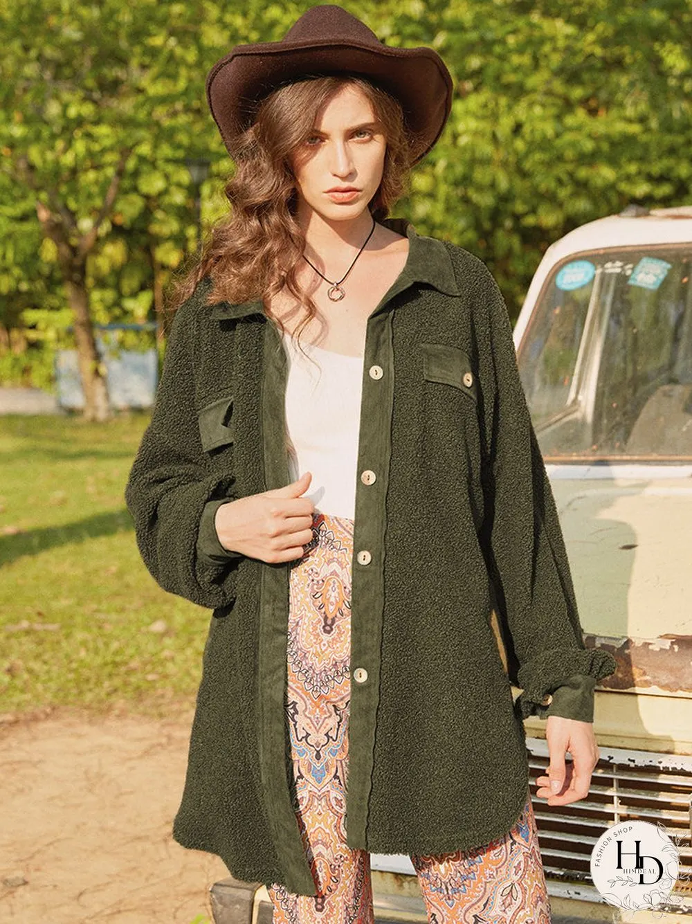Fleece Patchwork Solid Color Hooded Long Sleeve Coat