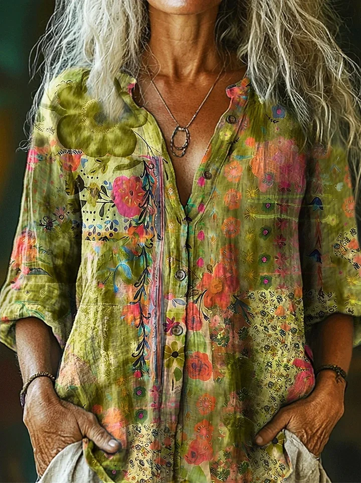 Women's Vintage Watercolor Flower Collage Art Print Casual Cotton And Linen Shirt