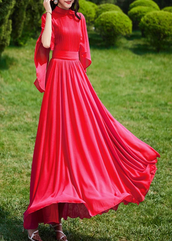 French Red Turtleneck Wrinkled Slim Silk Long A Line Dress Summer