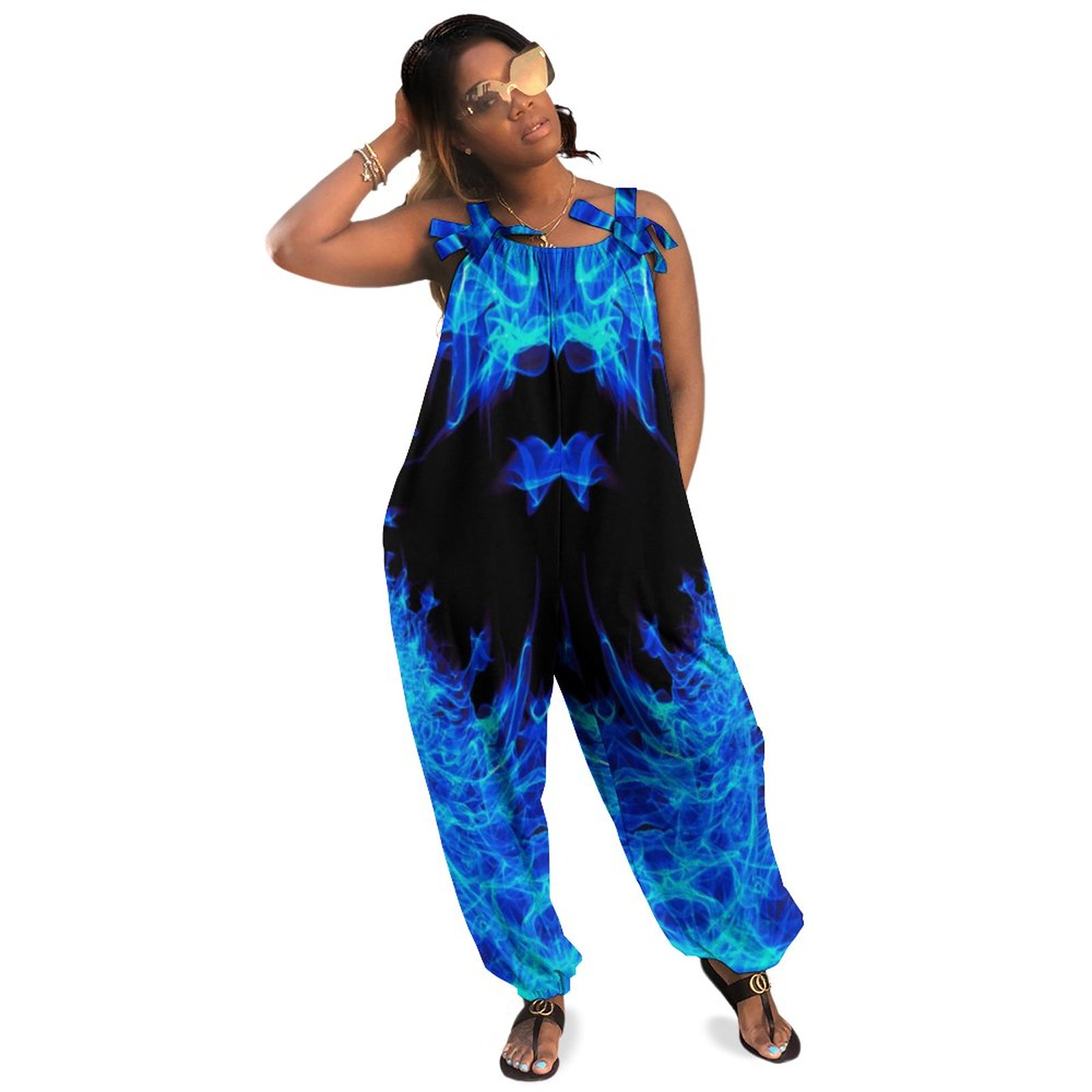 Blue Flame Fire Plus Size Women Rompers Summer Casual Loose Jumpsuit With Skirt Best Rompers Boho Style Pockets Long Length Polyester Spandex