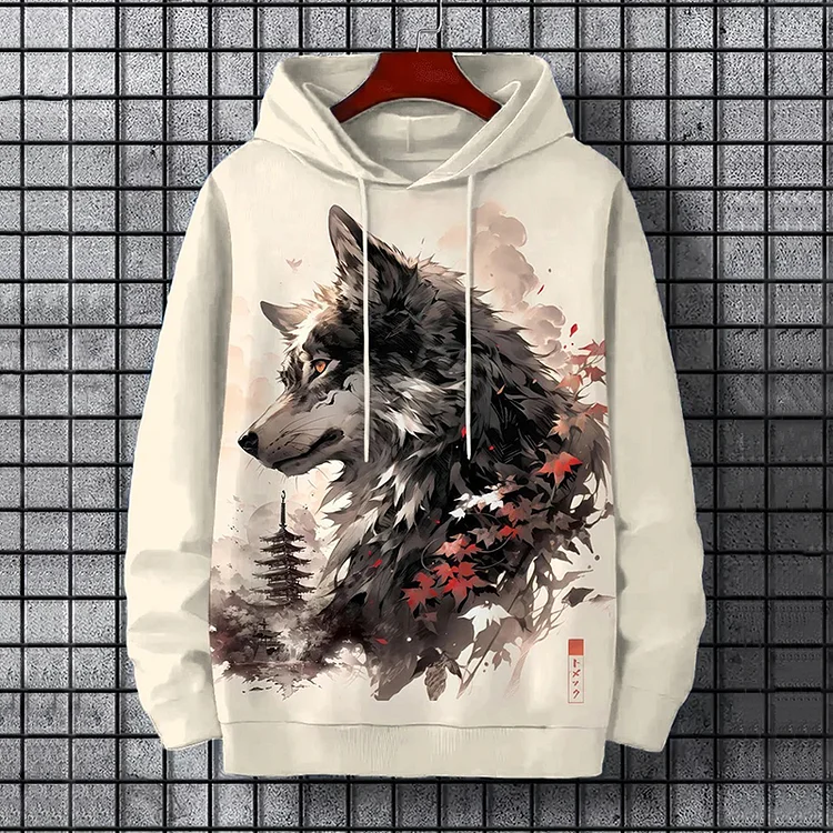 Men's Japanese Wolf Art Print Long Sleeve Hoodie