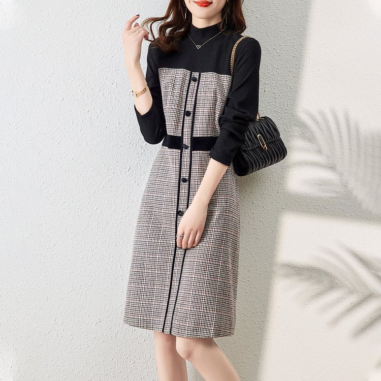 Black Checkered/plaid Long Sleeve Dresses
