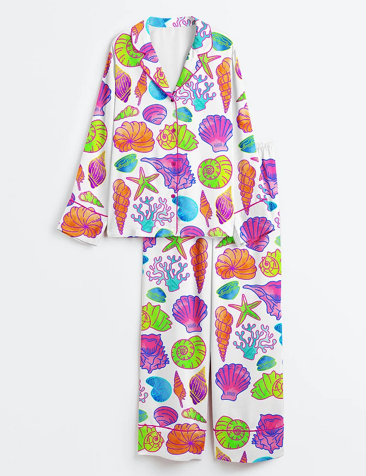 Women&rsquo;s Summer Coquette Seashell Beach Coastal Summer Vibes Clam Starfish Long Sleeve Satin Pajama Set