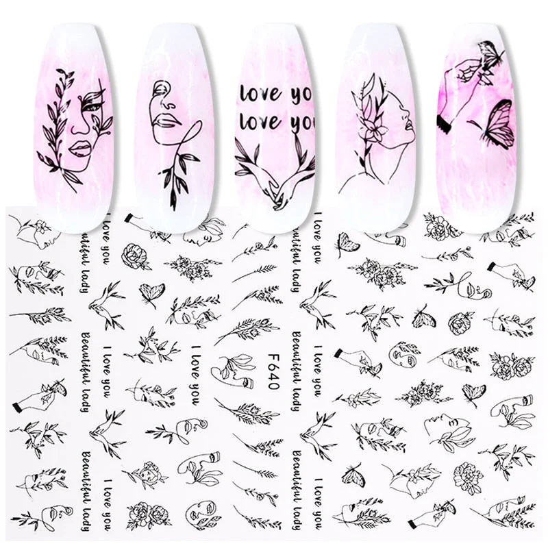 1pcs Black Gold Sping Leaves 3D Nail Sticker Coconut Tree Leaf Pattern Adhesive Transfer Decals Shiny DIY Nail Decoration