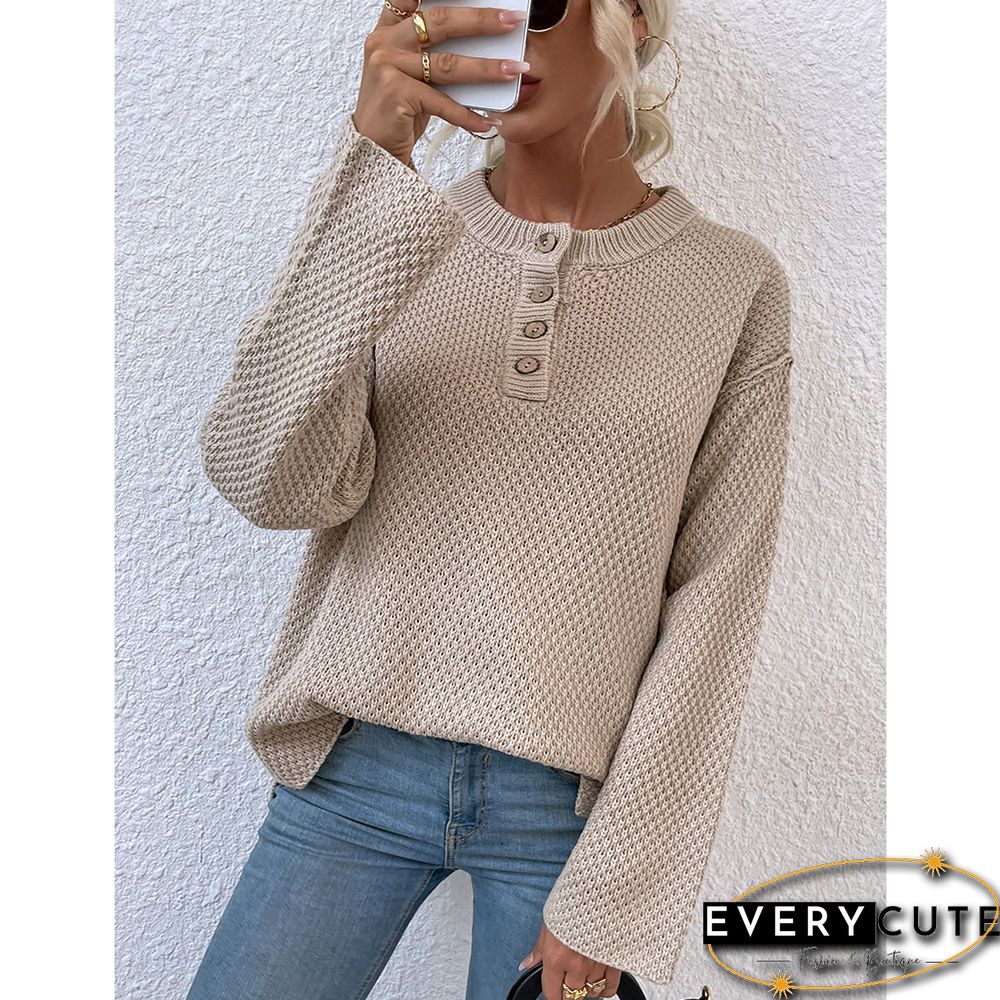 Khaki Button-up Crew Neck Drop Shoulder Knit Sweater