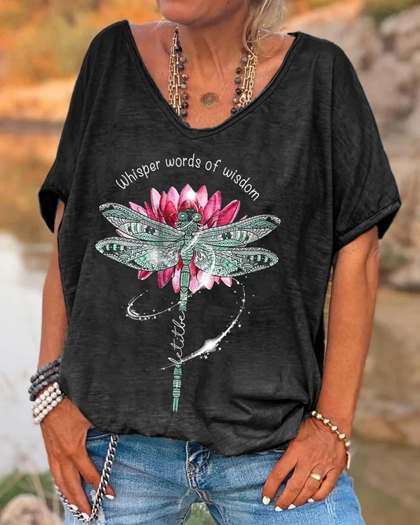 🔥kukelife🔥Whisper Words Of Wisdom Printed Dragonfly T-shirt