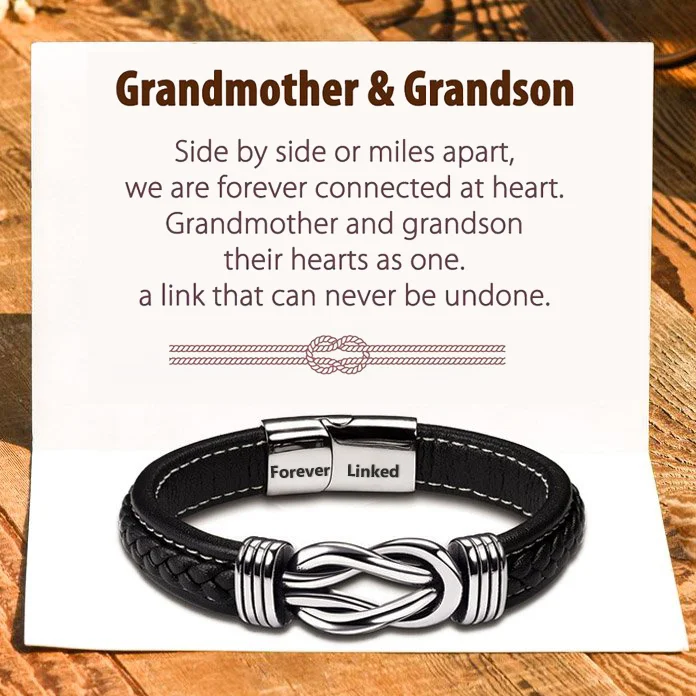 To My Grandson from Grandma Leather Knot Bracelet "We Are Forever Connected at Heart"