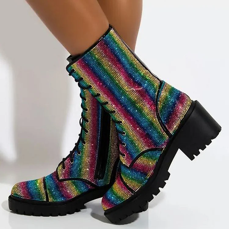Multicolor Rhinestone Boots Women's Round Toe Block Heel Ankle Boots |FSJ Shoes