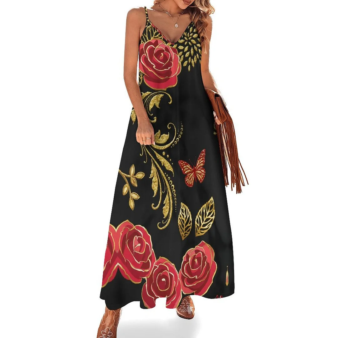 Style & Comfort for Mature Women Plus Size Printed Sling Casual Women Maxi Dress in Pattern Floral, Black, Rose, Red