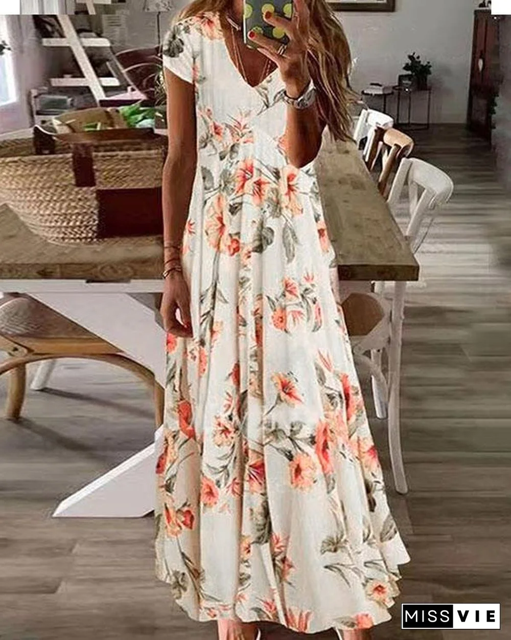 Women Floral Tunic V-Neckline Maxi A-line Dress