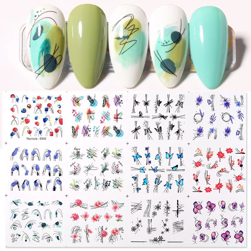 12Pcs Leaves Flowers Design Water Decals Stickers For for Nails Inscriptions Nail Art Decoration Tips-Nail Inspo