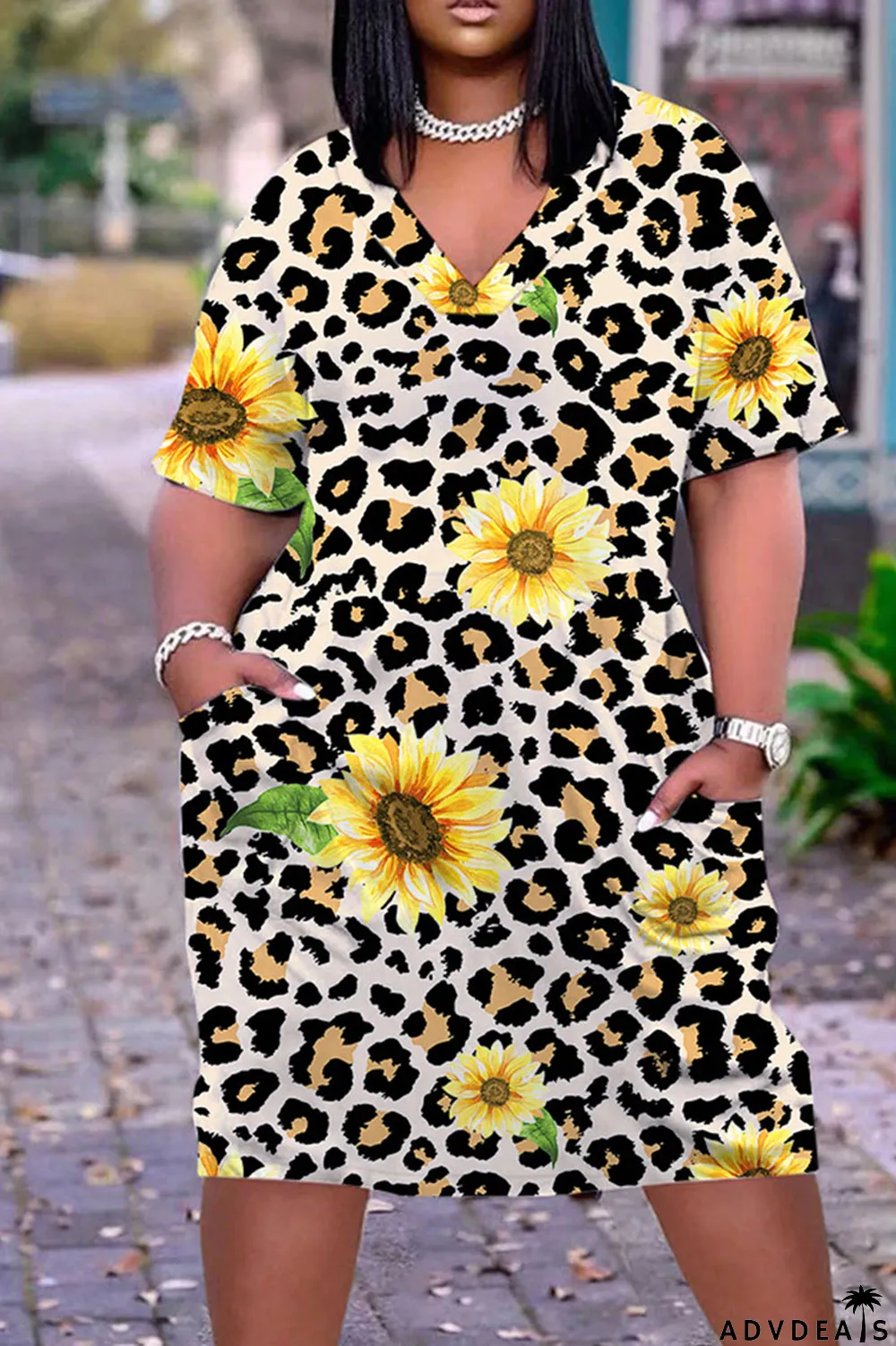 Light Brown Casual Work Print Patchwork V Neck Straight Dresses