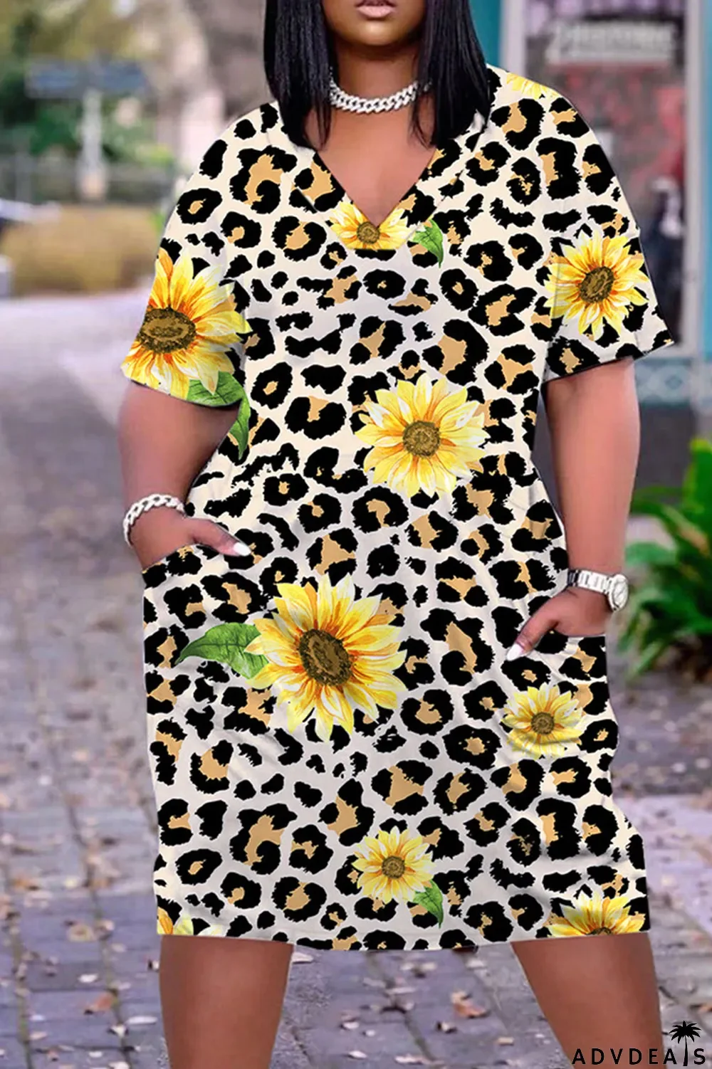 Light Brown Casual Work Print Patchwork V Neck Straight Dresses