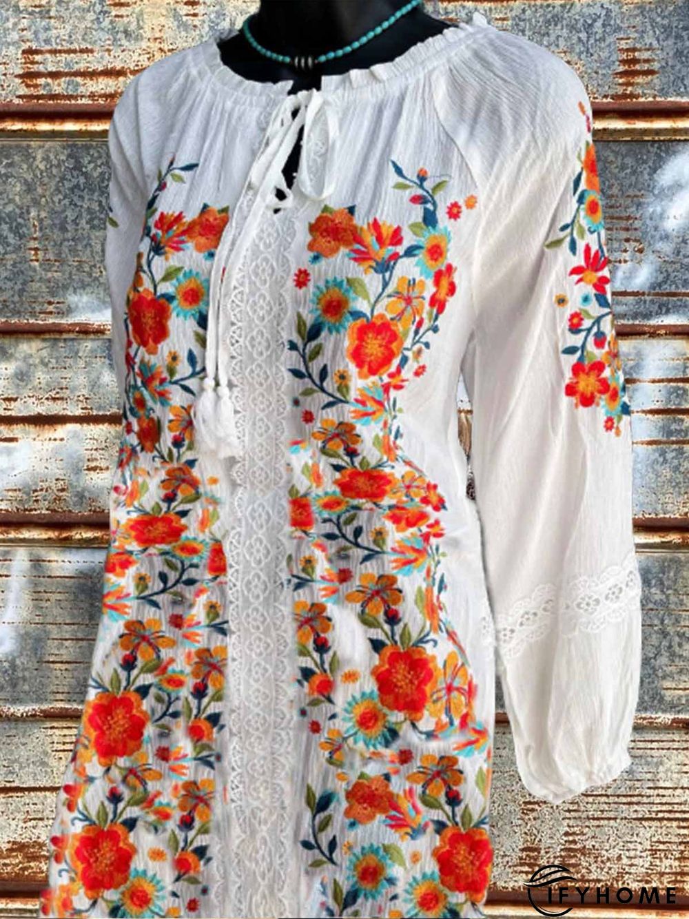 Floral Crew Neck Long Sleeve A-Line Weaving Dress | IFYHOME