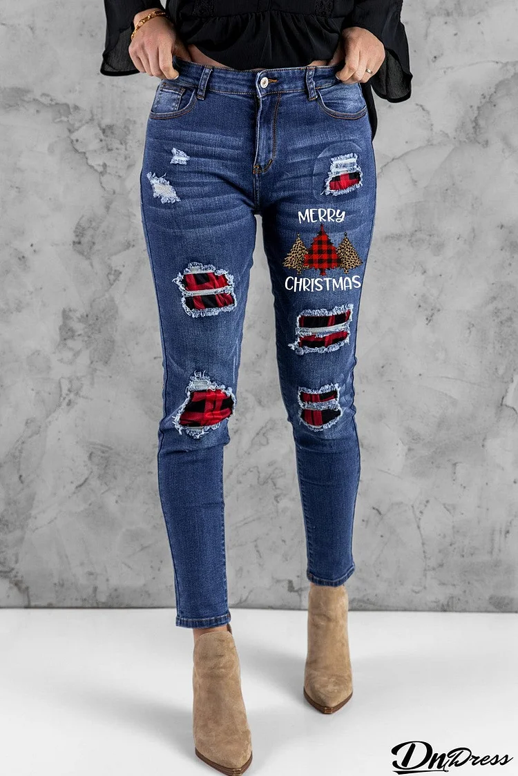 Christmas Tree Print Plaid Patch Destroyed Skinny Jeans