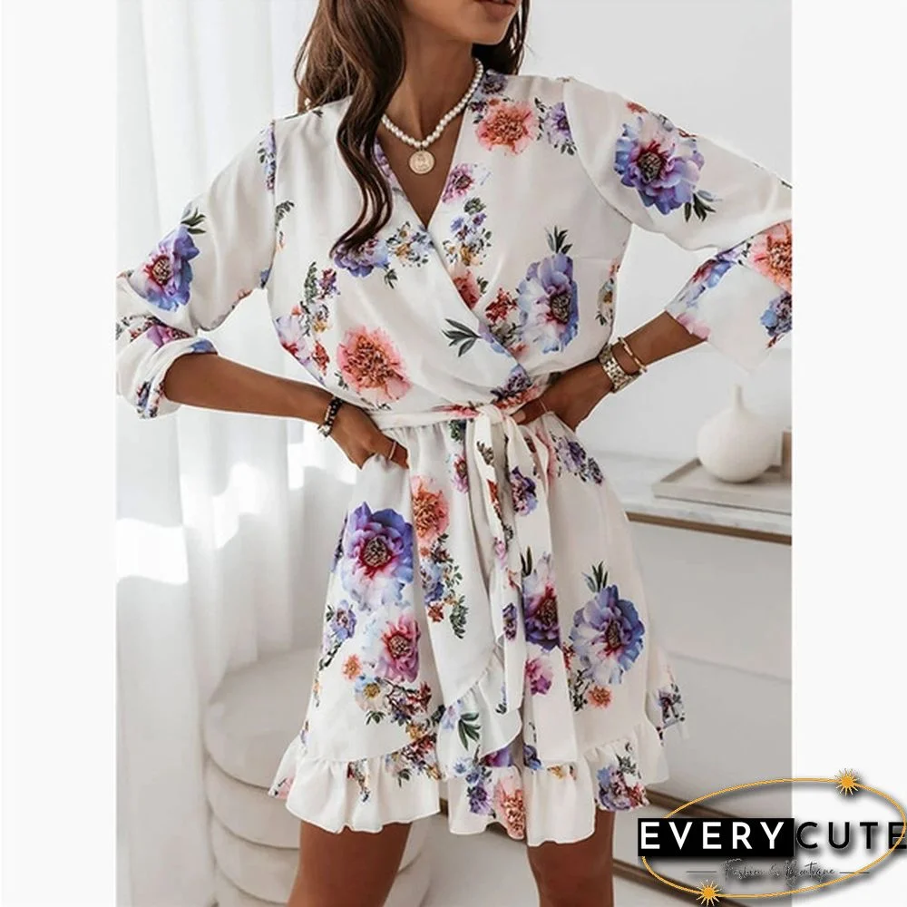 Fall Fashion Floral Print V-neck Long Sleeve Slim Mini Dress Ladies Elegant Vestidos