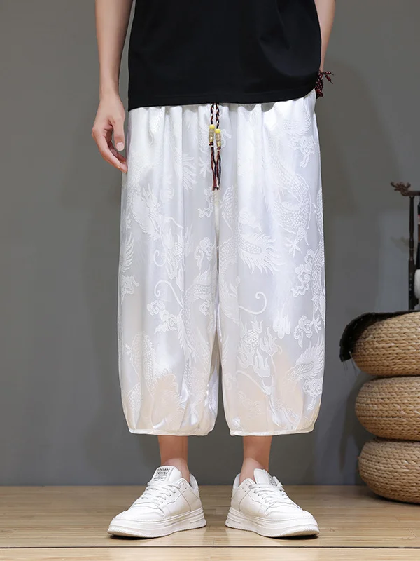 Men's Casual Dragon Pattern Jacquard Drawstring Waist Crop Harem Pants