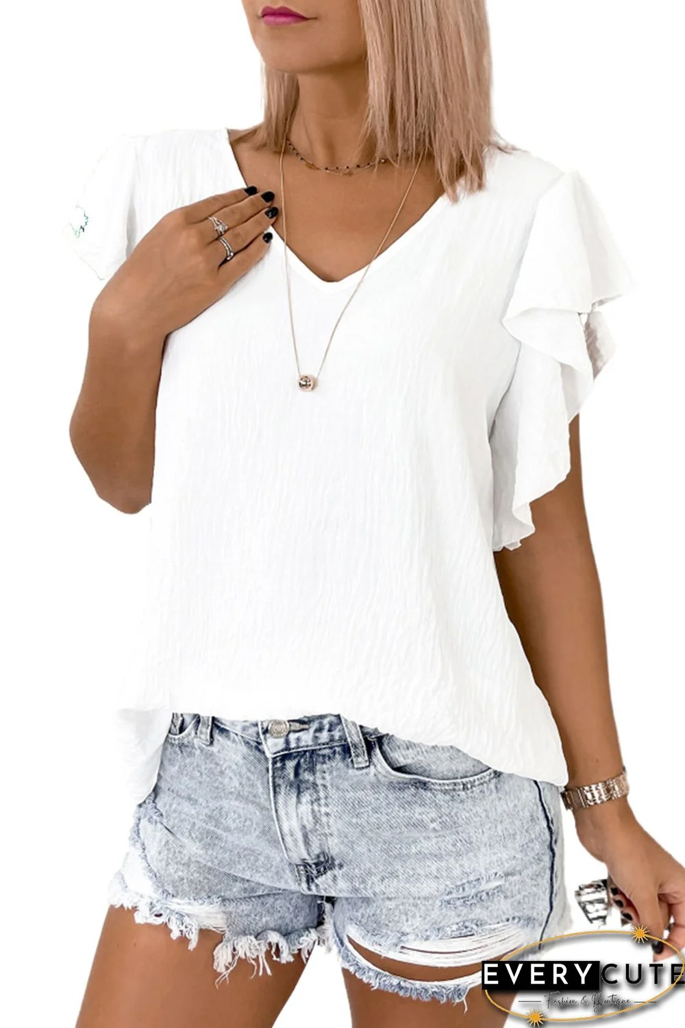 White V Neck Ruffle Sleeve Loose Top