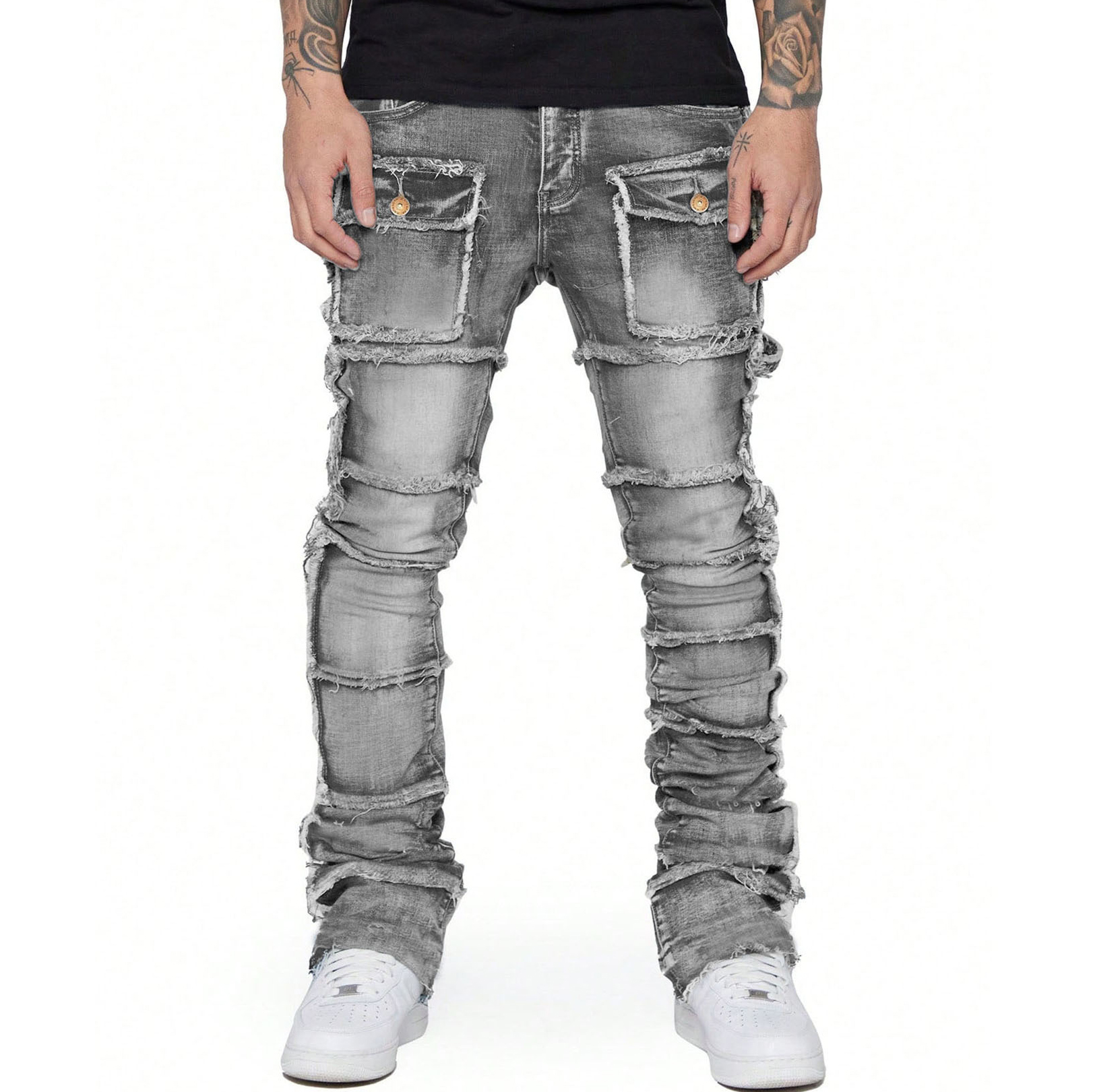 Hiphop Fashion Stretch Patch Cargo Straight Jeans - Sopula｜Premium Graphic Tees & Graphic Clothing