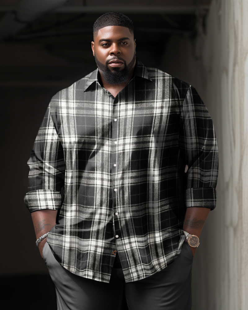 Men's Classic Casual Plus Size Black White Plaid Long Sleeve Lapel Shirt