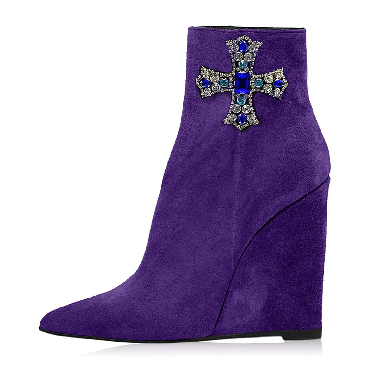 Purple Vegan Suede Pointed Toe Wedge Heel Booties with Crystal Patch |FSJ Shoes
