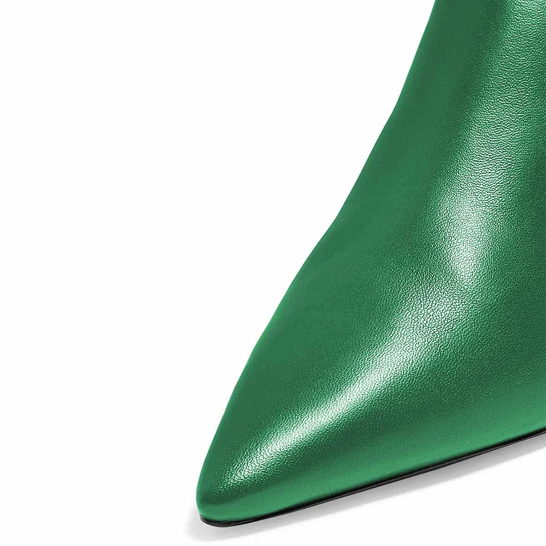 Green Vegan Leather Pointed Toe Kitten Heel Ankle Boots with Zipper