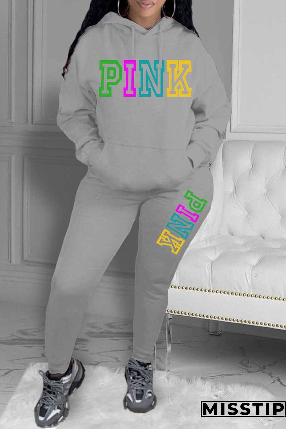 Grey Casual Print Letter Hooded Collar Long Sleeve Two Pieces