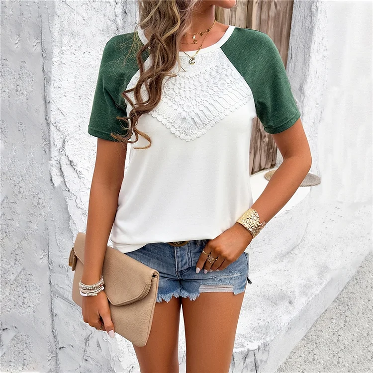 Contrast Color Crewneck Short Sleeve Casual T-Shirts