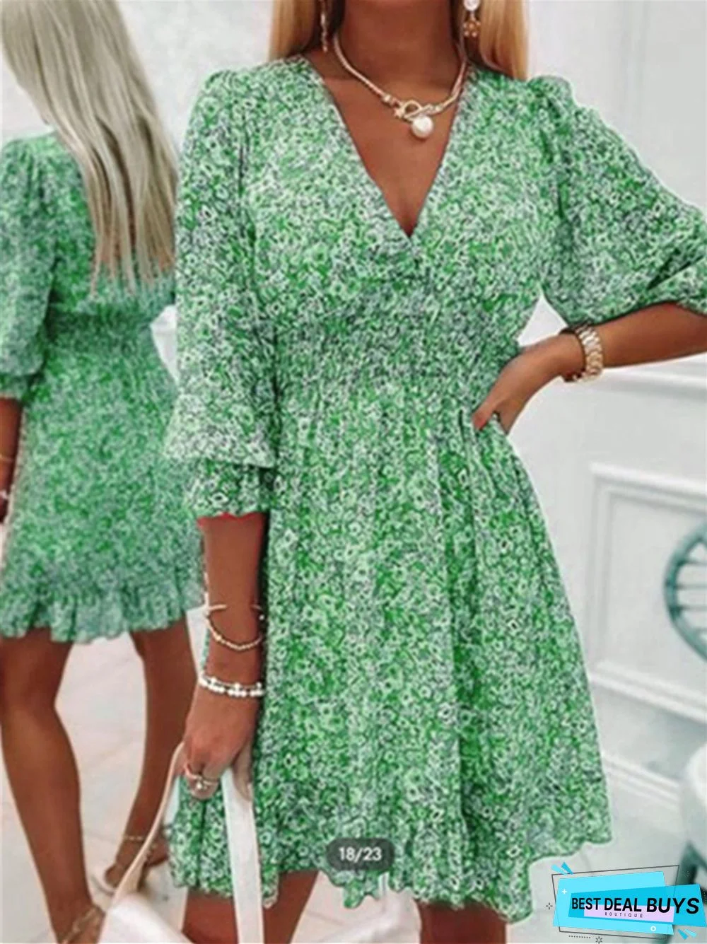 Waist Pullover Bohemian Print Short Sleeve Floral Dress