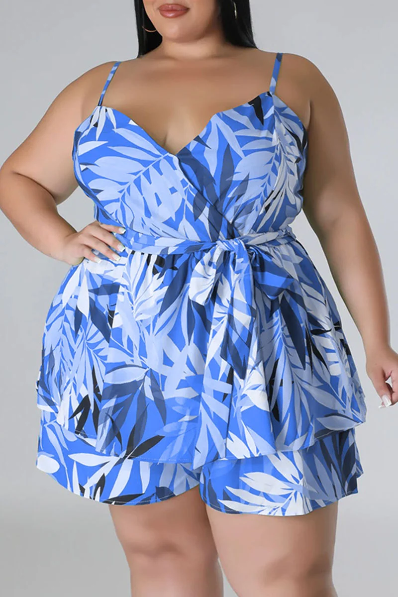 Blue Casual Print Patchwork Spaghetti Strap Plus Size Two Pieces