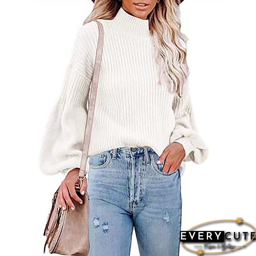 White Solid Turtleneck Lantern Sleeve Pullover Sweater