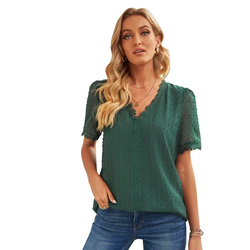 Women's Shirt Pure Color Jacquard V-neck Short Sleeves