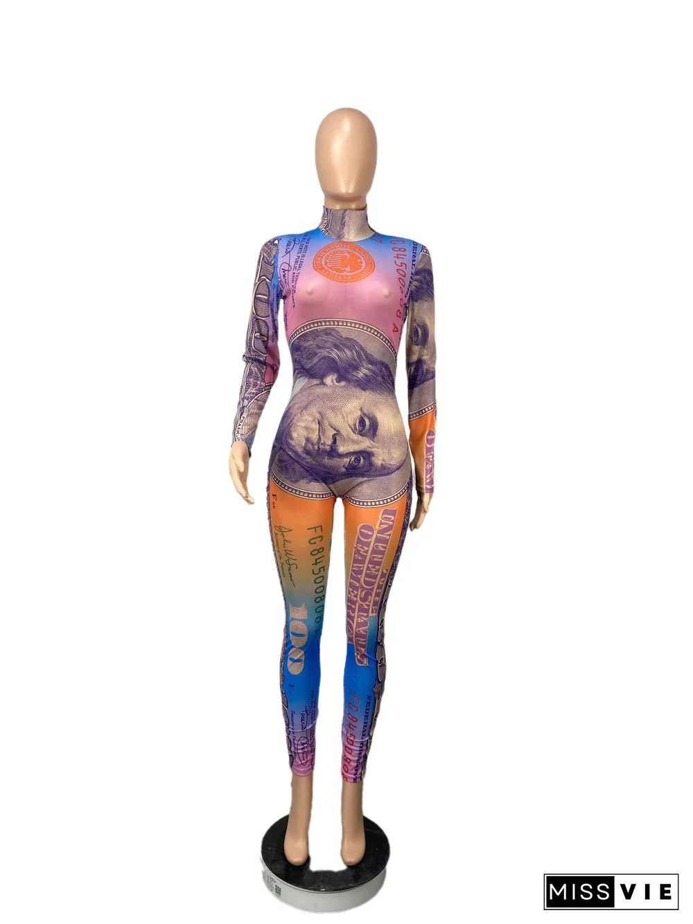 Streetwear Dollar Print Mesh Spliced Long Sleeve Slim Jumpsuit
