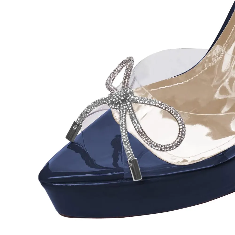Navy Rhinestone Bow Peep Toe Stiletto Heel Clear Platform Sandals