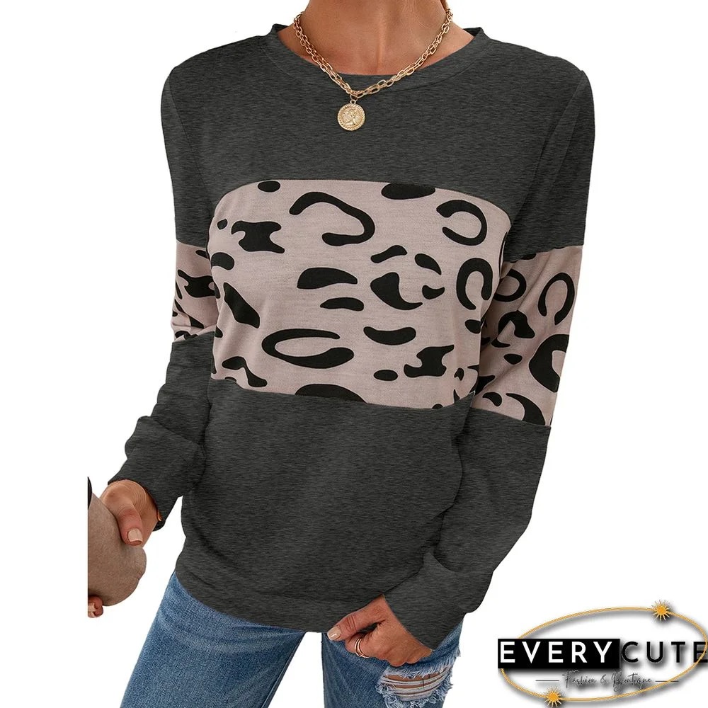 Dark Gray Contrast Leopard Pullover Sweatshirt