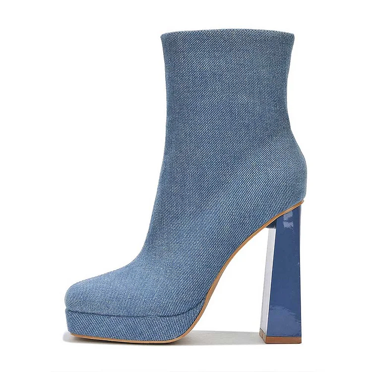Blue Denim Boots Women's Square Toe Block Heel Platform Booties |FSJ Shoes