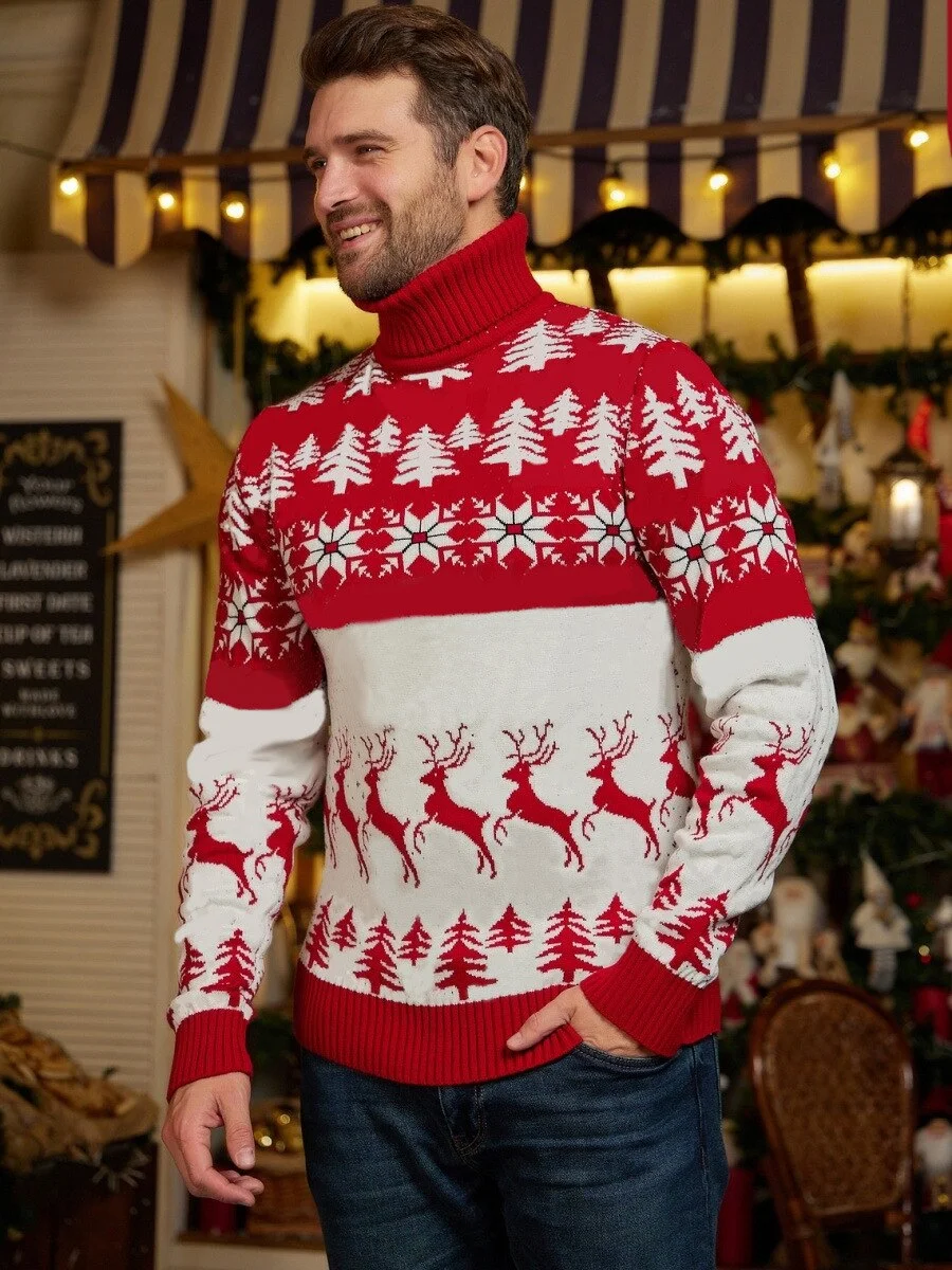 Turtleneck Warm Thicken Pullovers Couples Matching Ugly Christmas Sweaters-VESSFUL