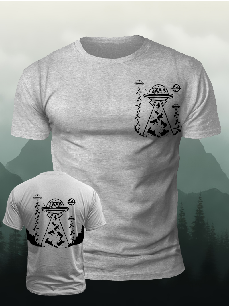 Men's Spaceship Cow Fall Print Casual Short Sleeve T-shirt