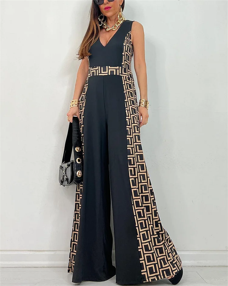 Casual V-neck Sleeveless Printed Jumpsuit