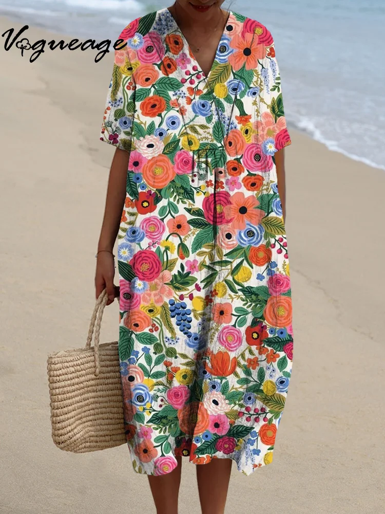 Bright Colorful Flowers And Plants Printed Women's Casual Cotton And Linen Dress