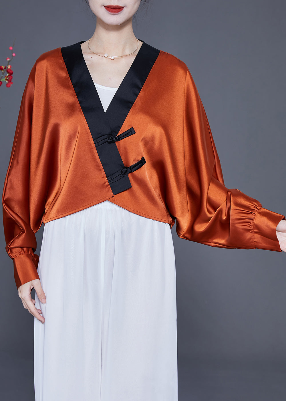 VCSHOES Caramel Oversized Patchwork Chinese Button Silk Shirt Spring